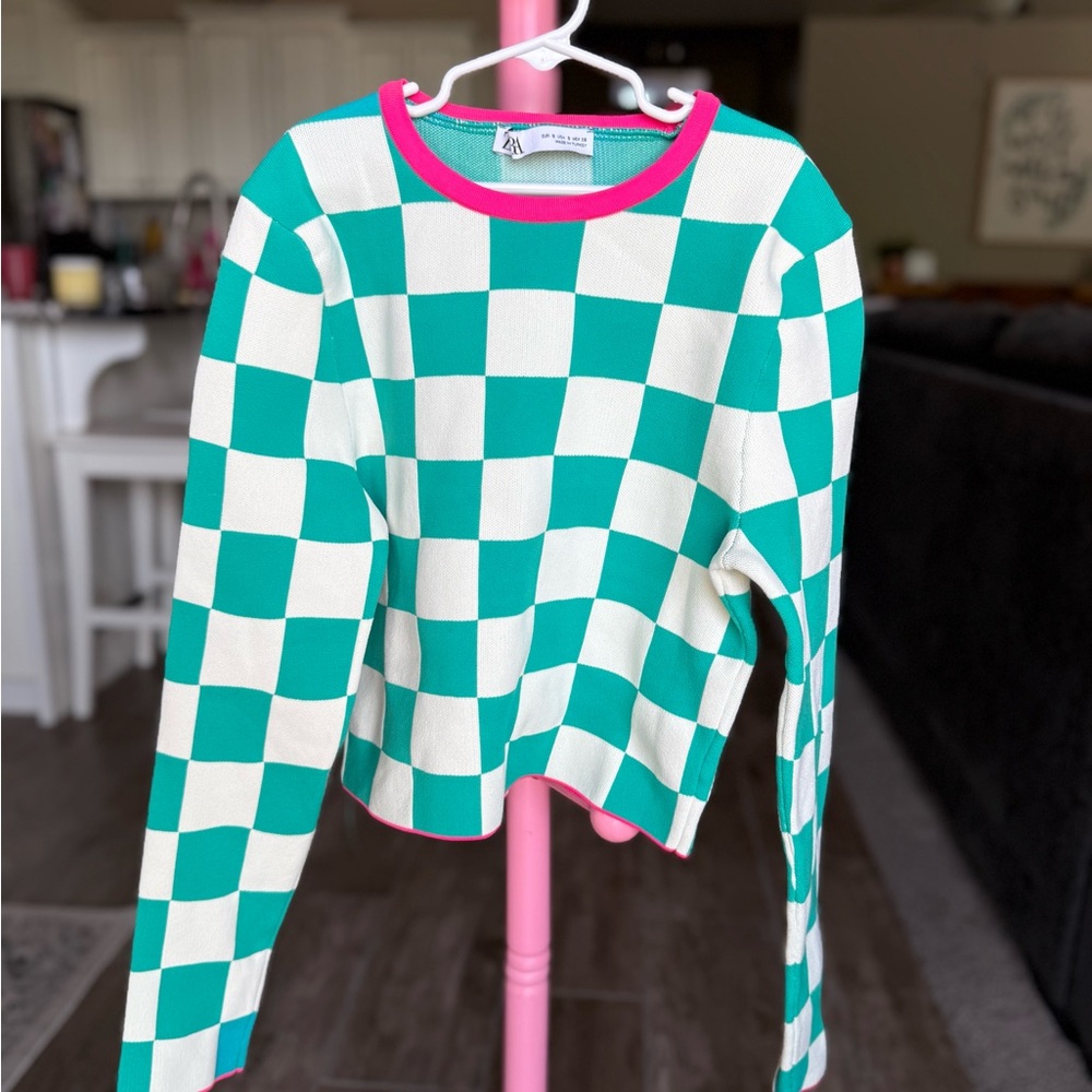 Zara Checkerboard Sweater in Teal & White with Pink Trim; Size S Women’s